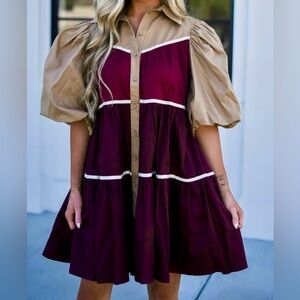 Chic Burgundy and Tan Puff Sleeve Dress